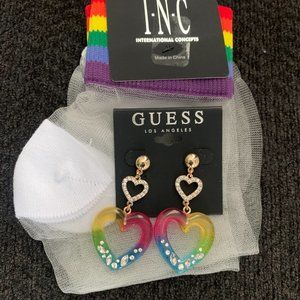 GUESS Double Heart Drop Earrings in Gold and Rainbow& Rainbow Socks Set